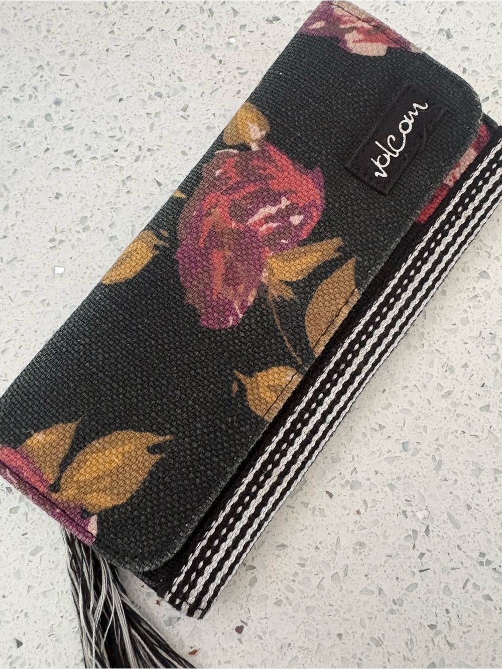 NWT Volcom Floral Canvas Clutch Wallet Tassel Black Multi